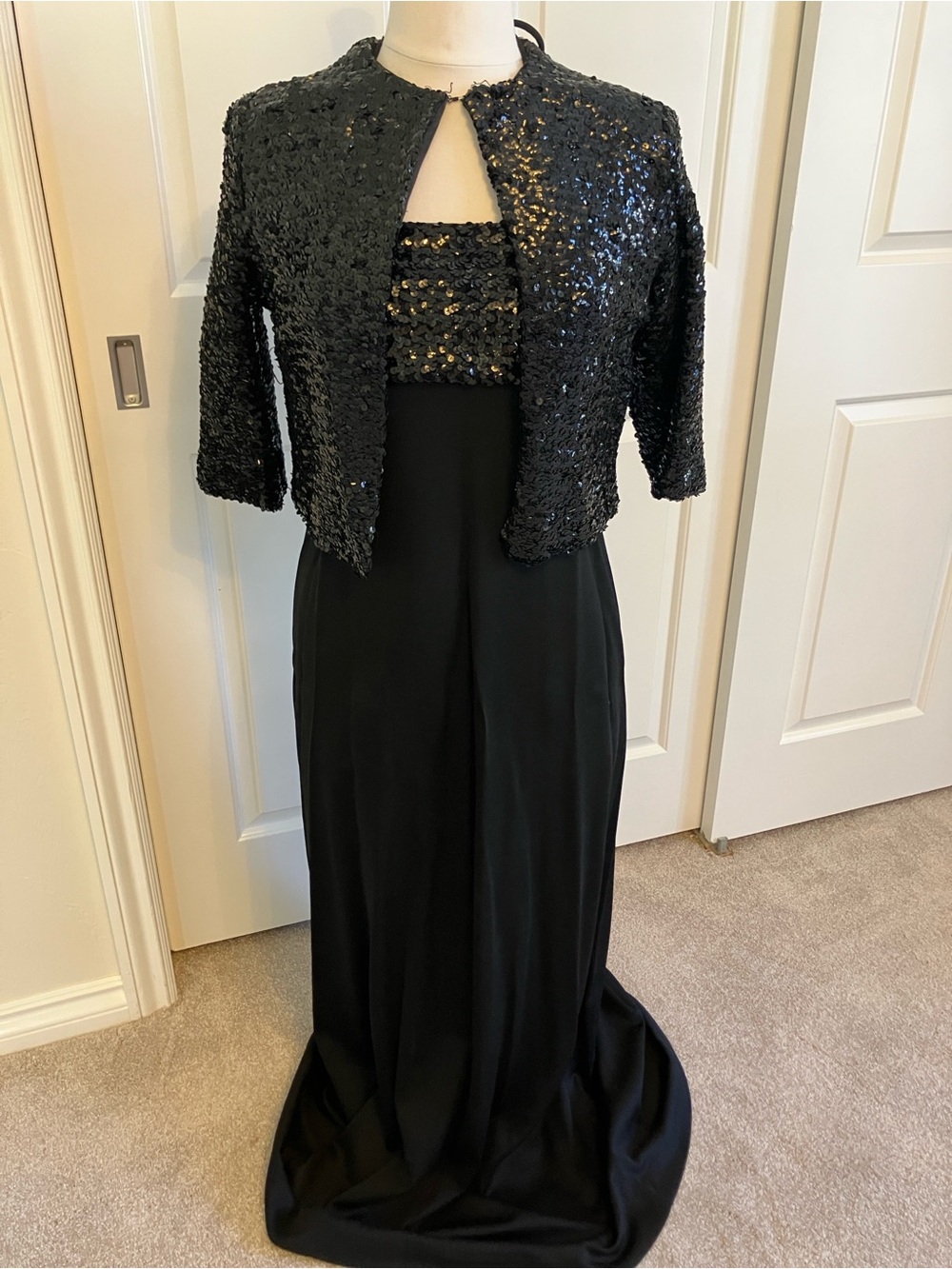 Vintage Black Sequin Maxi Dress with Cropped Jacket - Women's Evening Gown